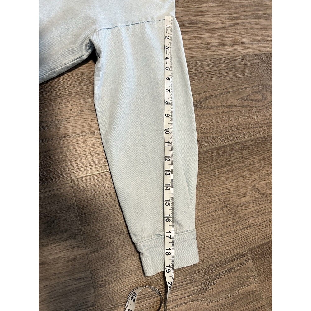 Ellison Oversized Crop Light Wash Denim Jacket Peter Pan Big Ruffle Collar Sz S - Picture 11 of 14
